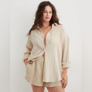Aerie Gauzy Coverup Shirt Women Size XS Oversized Soft Oat Beige Cream